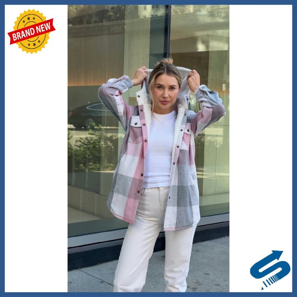 Women's Plaid Shacket Hooded Fleece Jacket Long Sleeve Oversized Fit - Picture 8 of 8